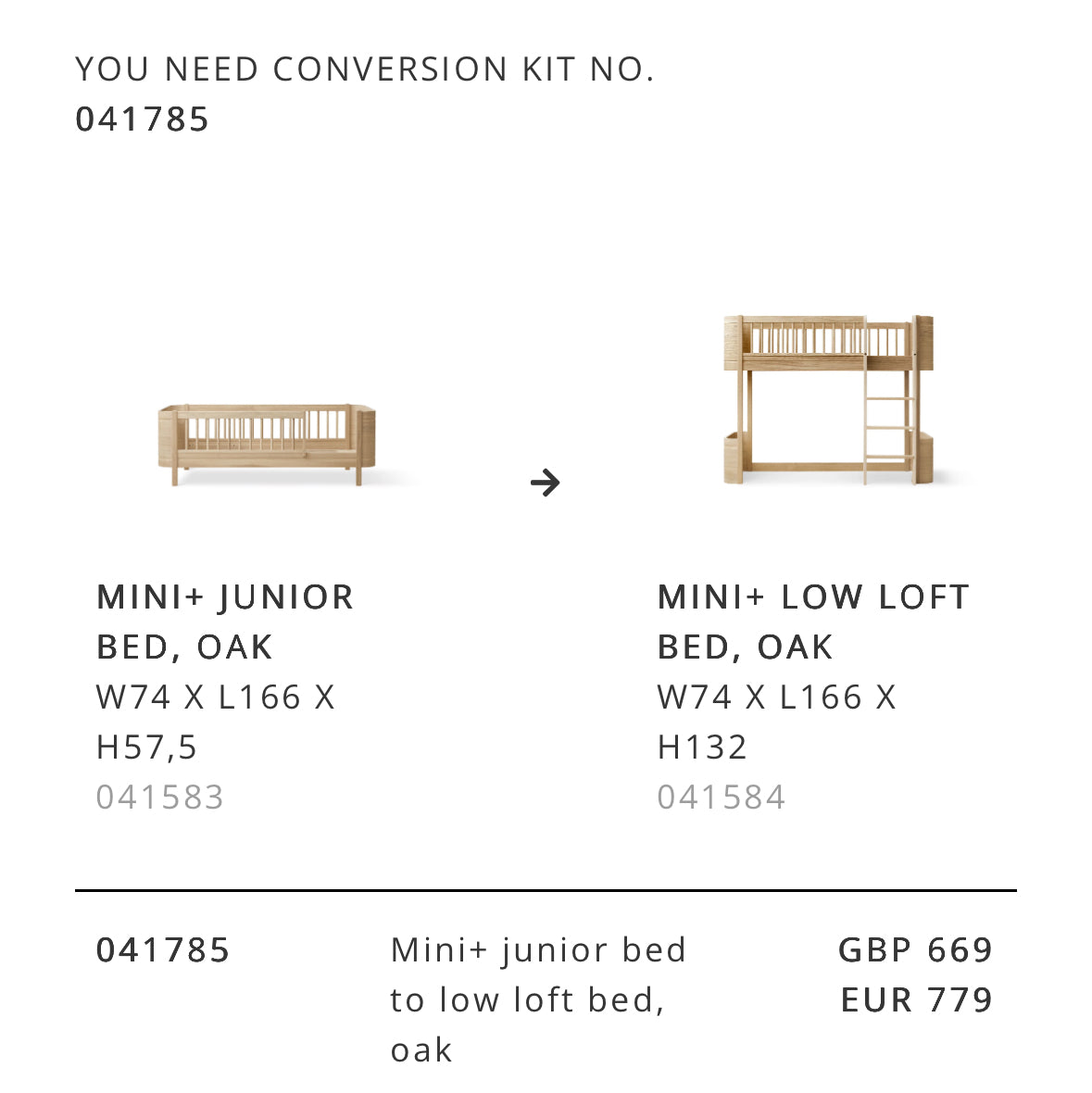 Ombouwset Mini+ Junior Bed to Low Loft Bed, Oak