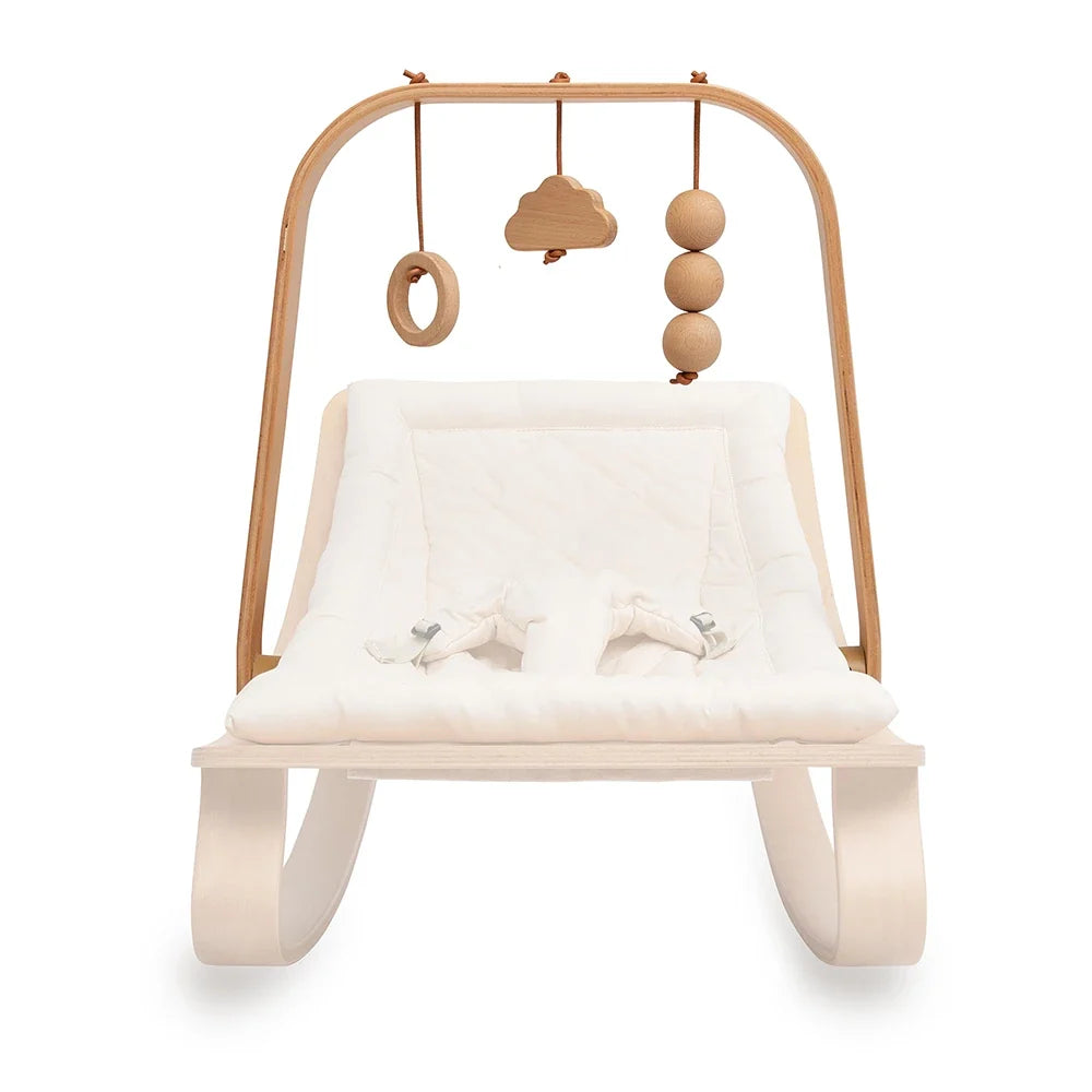 Front view of the LEVO activity arch in beech wood with cloud, beads and ring toys