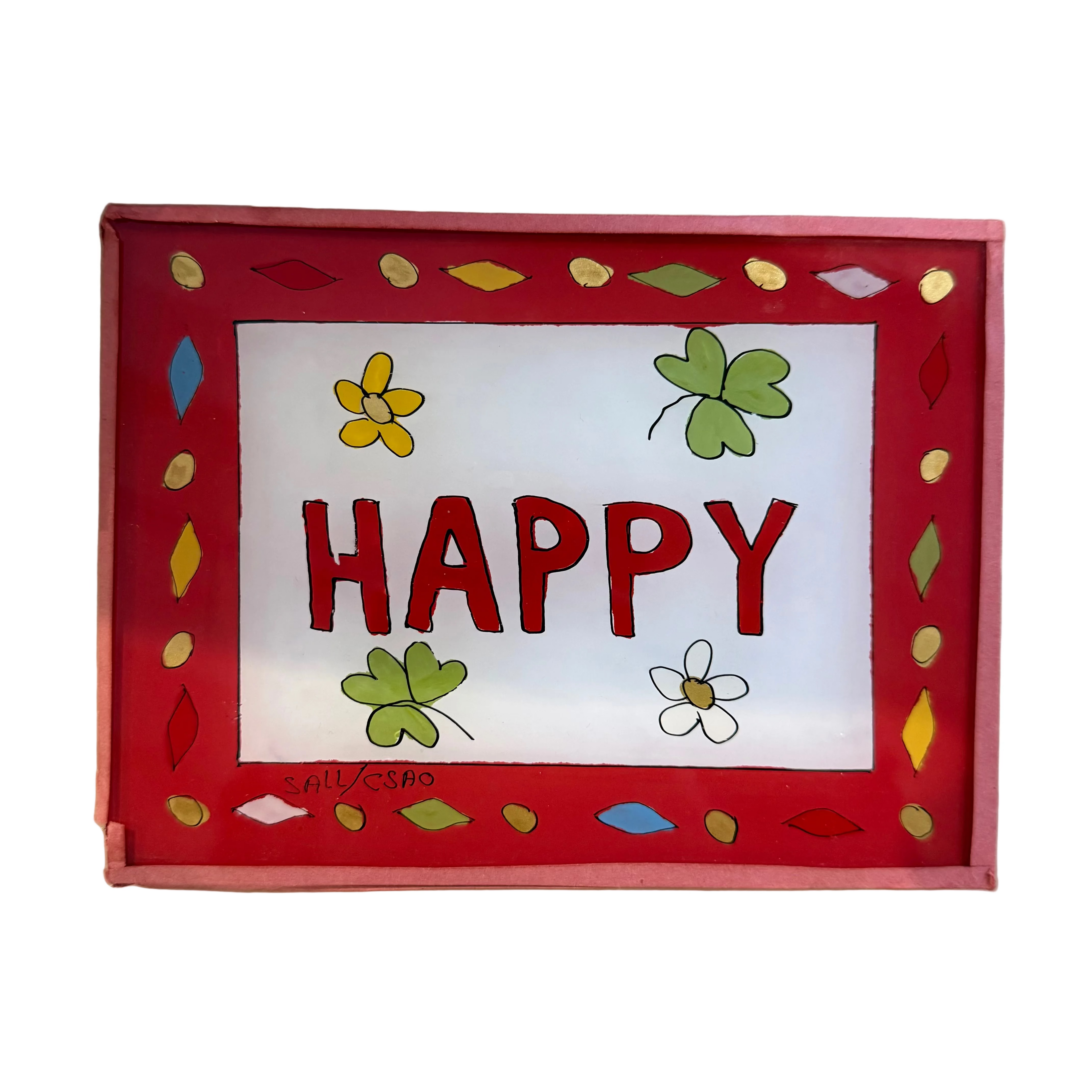 A square handmade greeting card or art print with a red border, featuring the word &