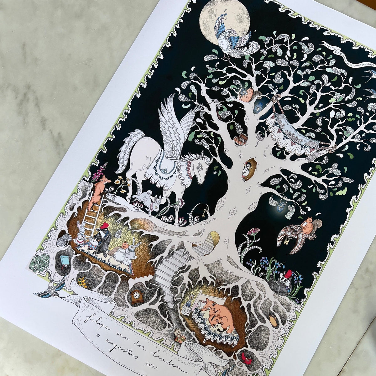 A personalized birth poster art print featuring the Enchanted Forest design, showing a magical nighttime scene of mythical woodland creatures with the child&