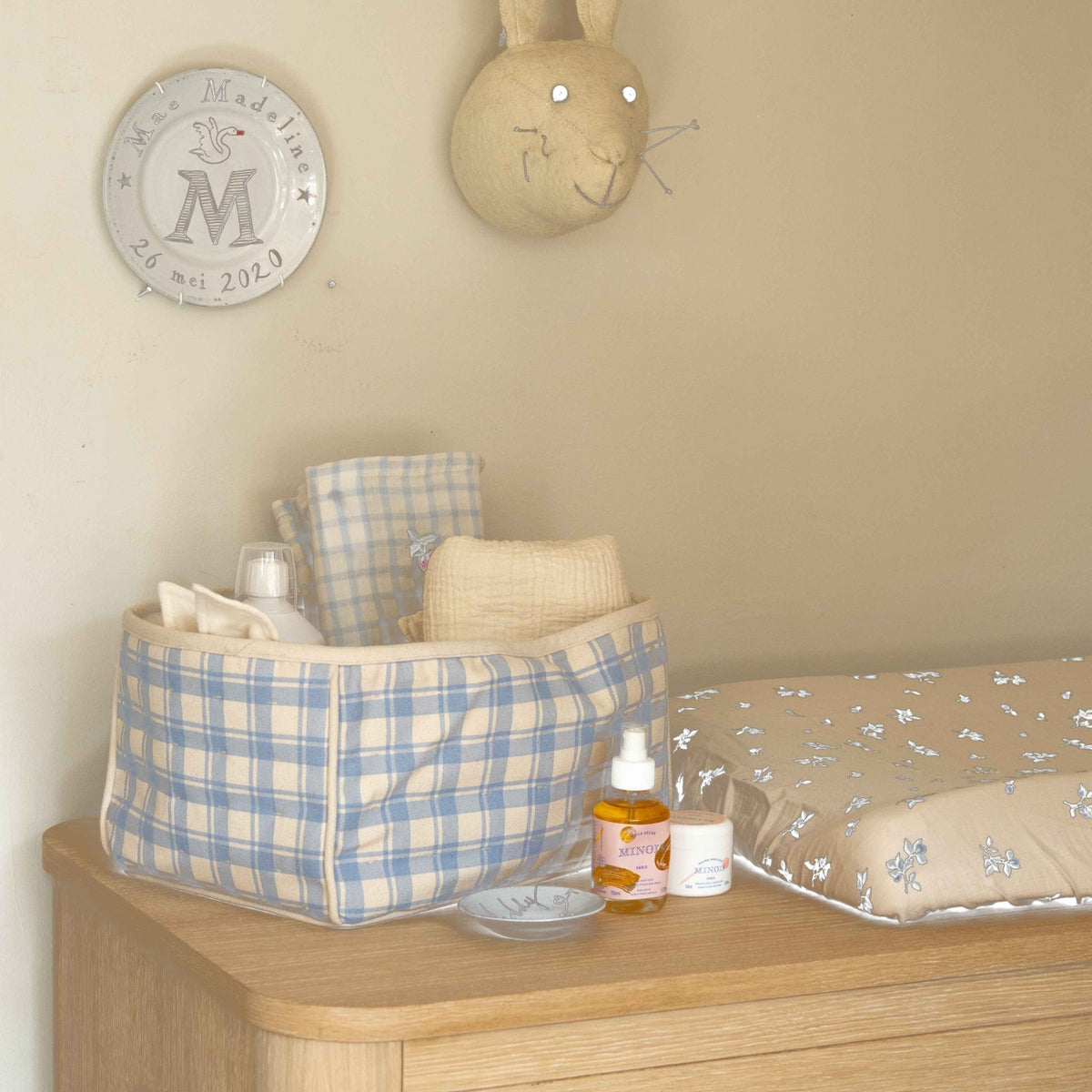 Garbo&Friends Diaper Caddy Organiser in Plaid Sky Blue, front view