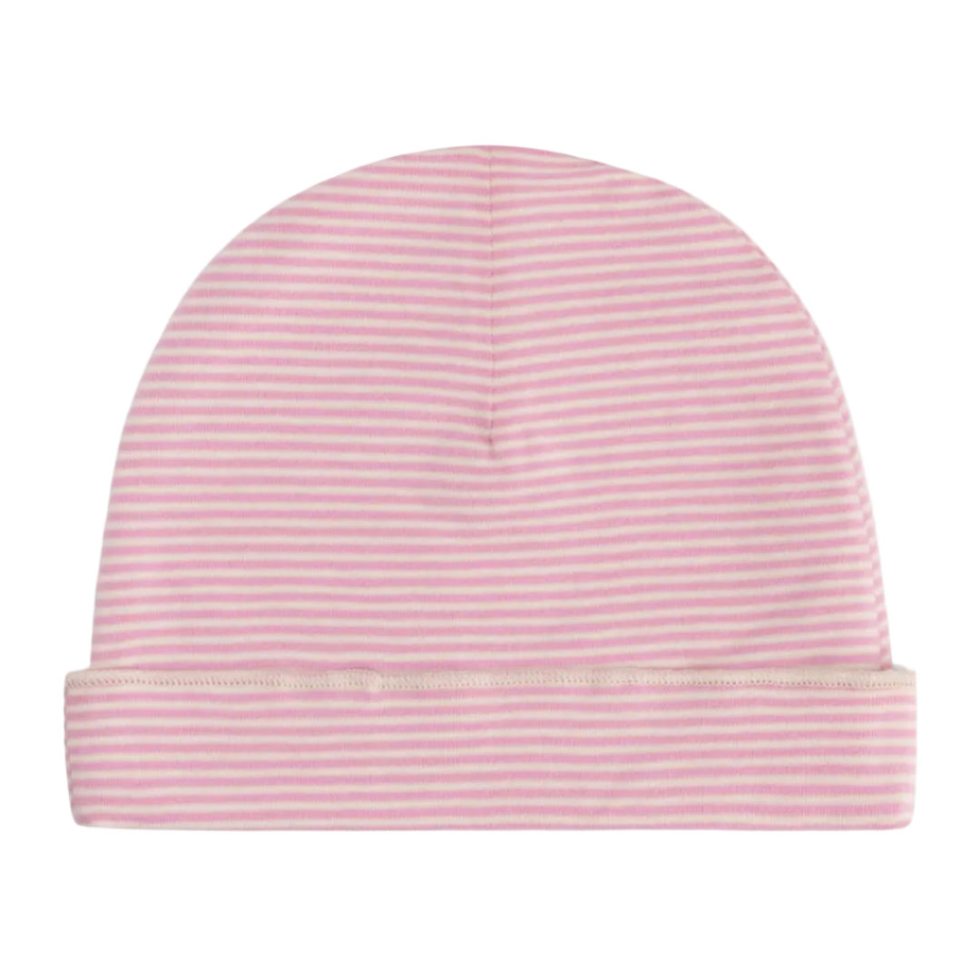 A pink and white striped knit beanie hat with a folded cuff