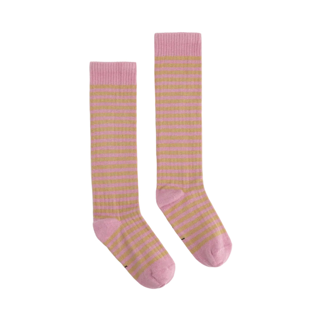 A pair of knee-high socks with a fine pink and orange striped pattern, featuring solid pink heels, toes, and ribbed cuffs.