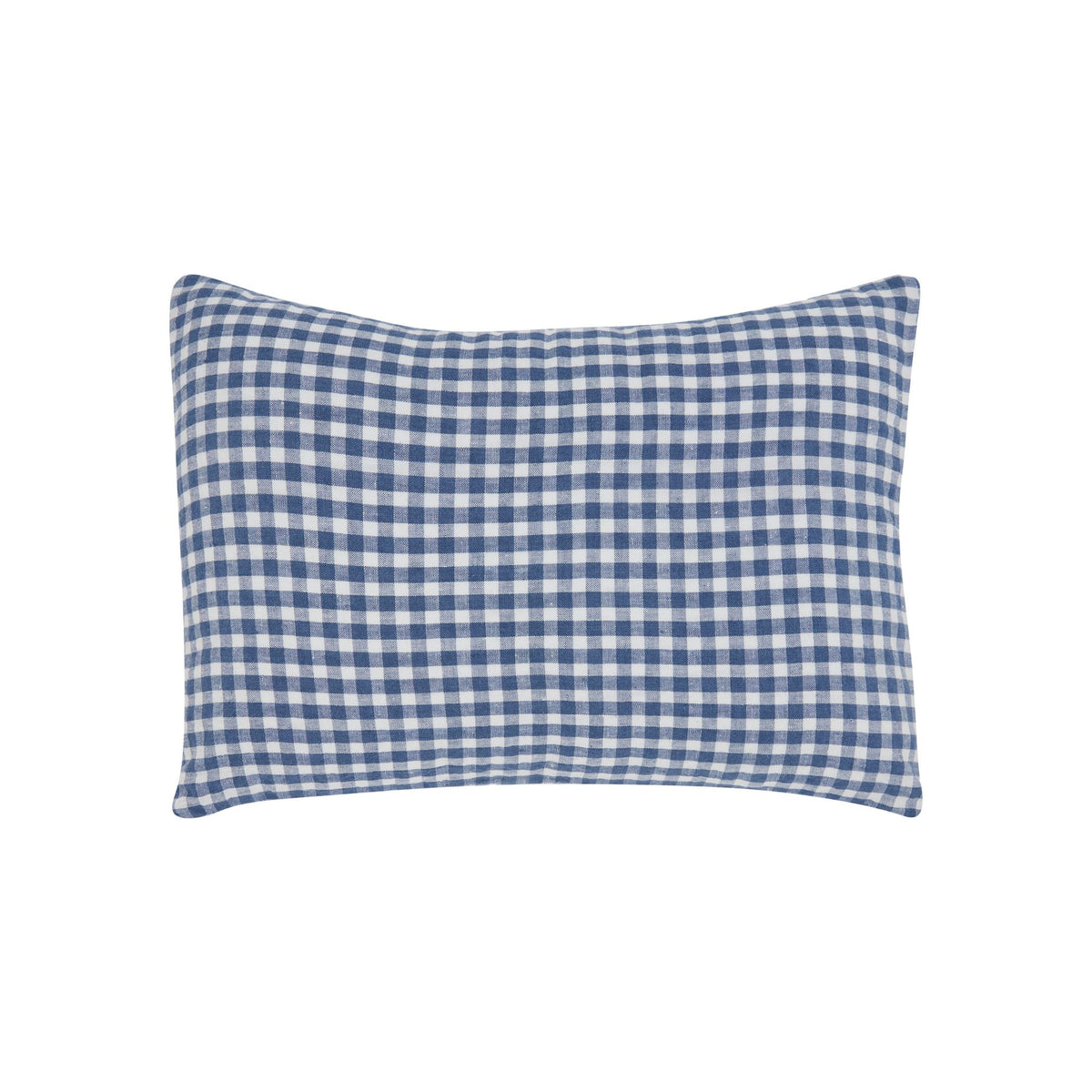 Hazel & George Linen Cushion Cover in Vichy, a linen pillow with a blue-and-white check pattern, on a white background