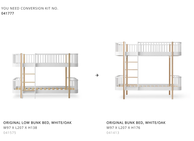 Conversion Set | Wood Low Bunk Bed To Original  Bunk Bed | White/Oak | OF.041777