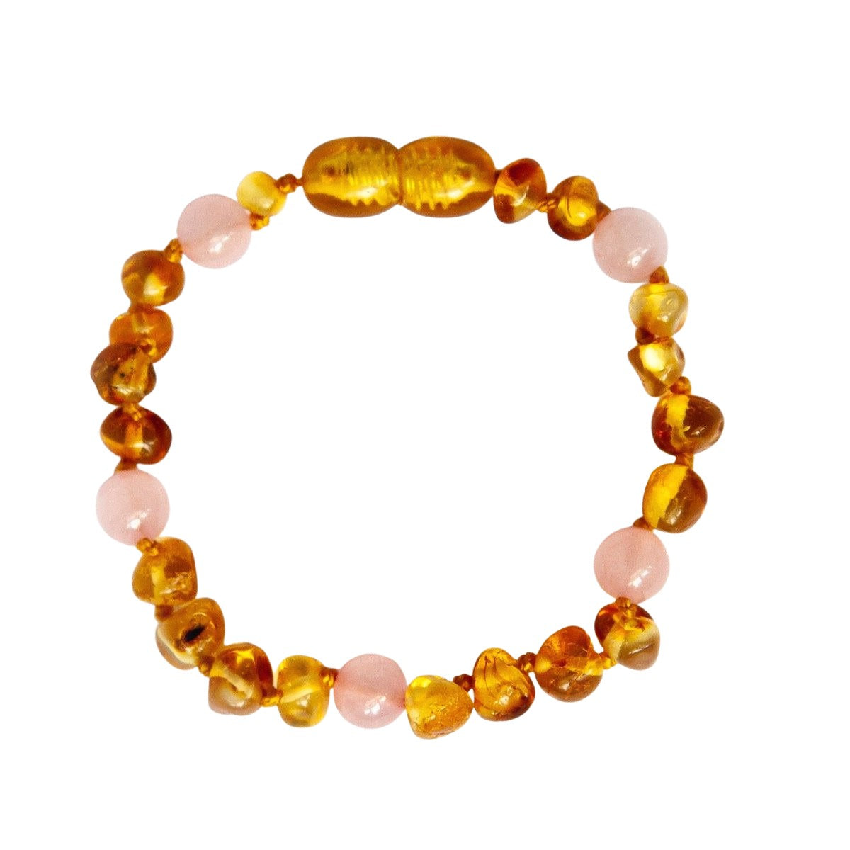 Hazel & George Amber Bracelet Honey Rosequartz, round bracelet of honey amber beads alternated with rose quartz, on a white background