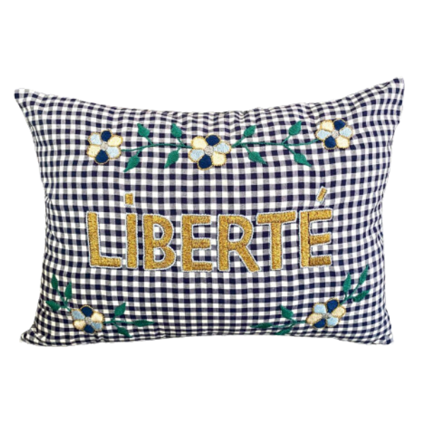 navy checkered hand embroidered cushion liberte by CSAO for The Archive Store