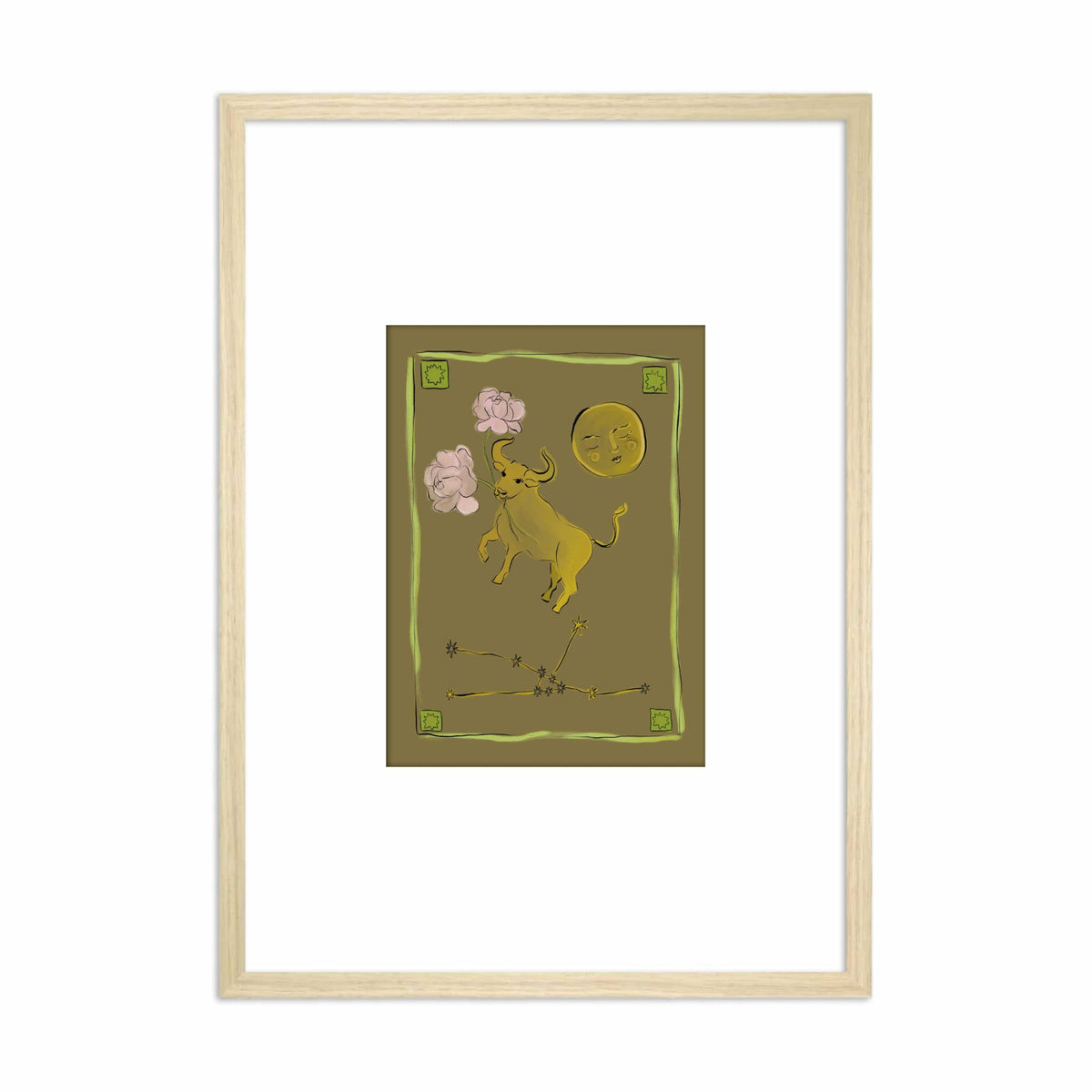 Framed Hazel & George Taurus poster featuring an illustration of a golden bull among clouds and a moon, in a light wood frame with a white mat
