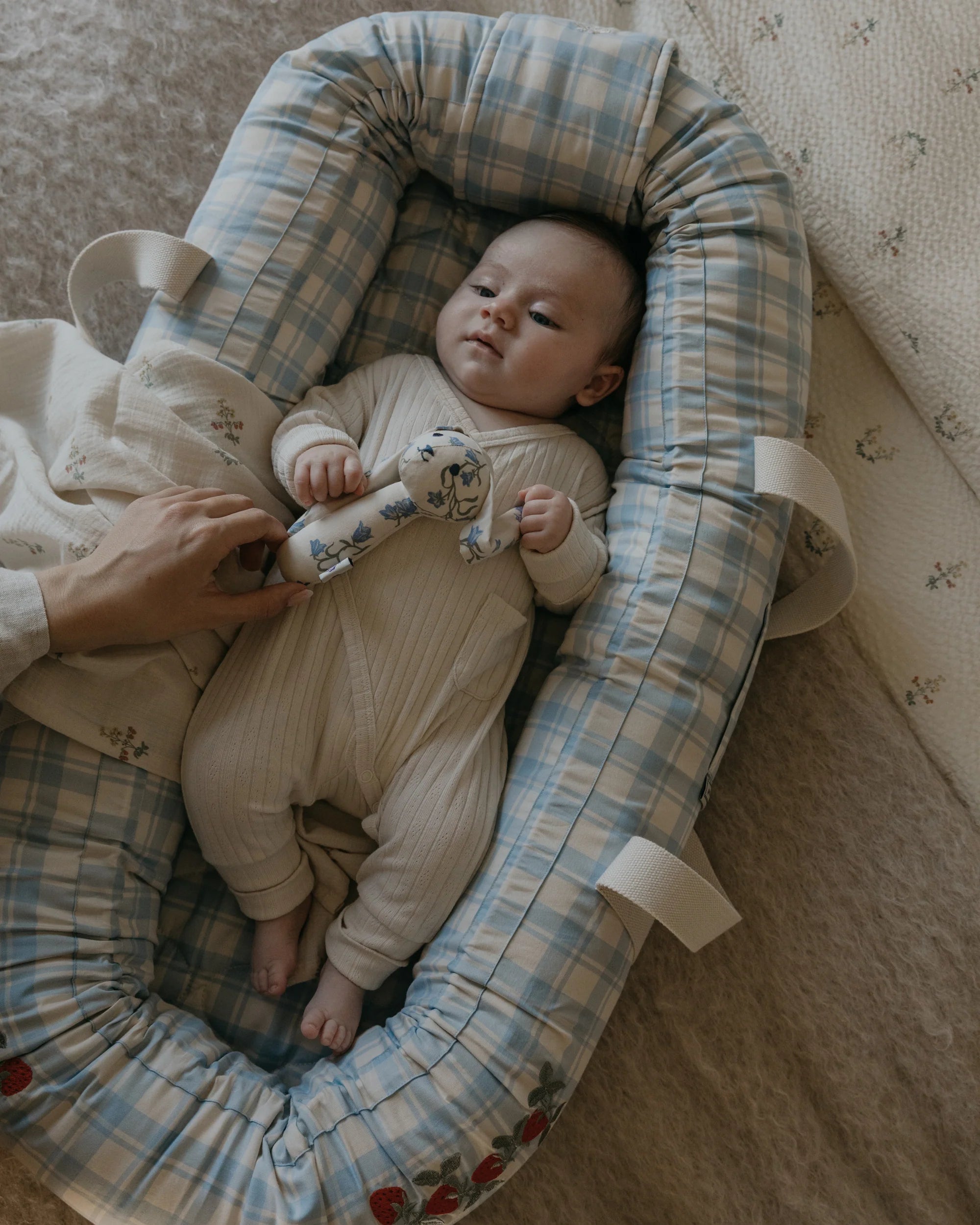 Draagbaar Babynestje Organic Cotton Plaid Blue Sky