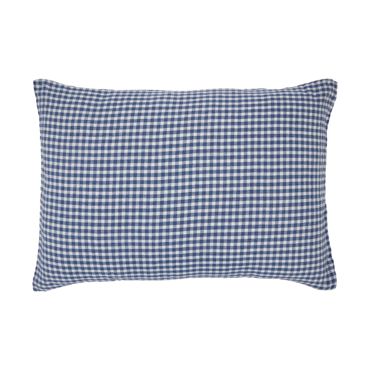 Hazel & George Linen Pillow Cover in Vichy, a plump linen pillow with a blue-and-white check pattern, on a white background