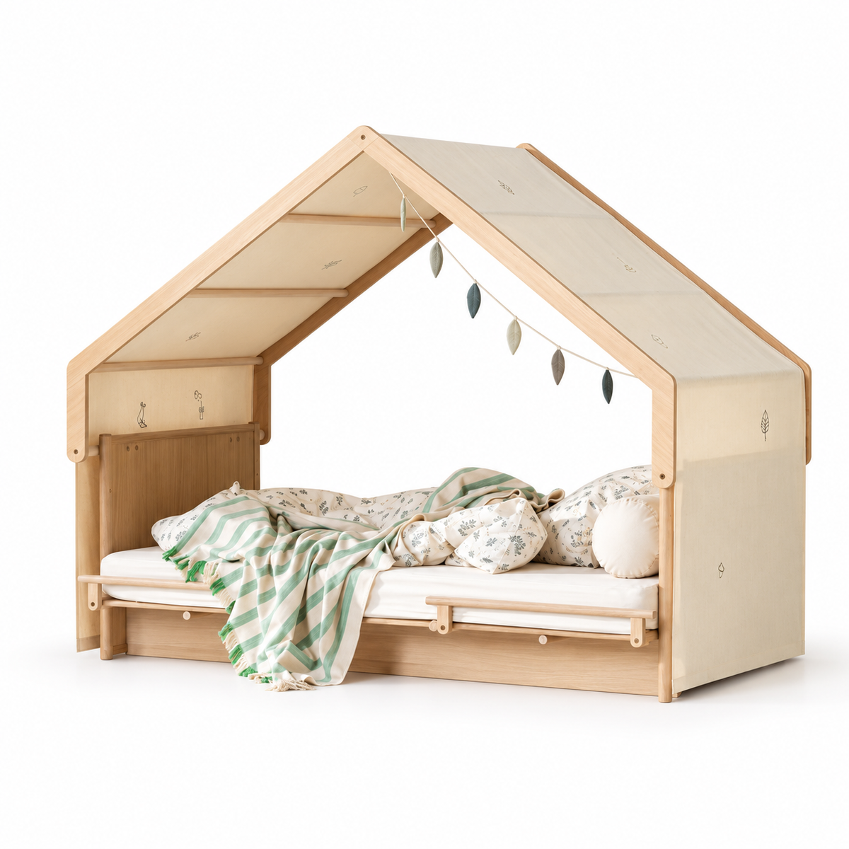 Oliver Furniture Camp Novel undyed embroidered house roof canopy shown on the oak bed against white