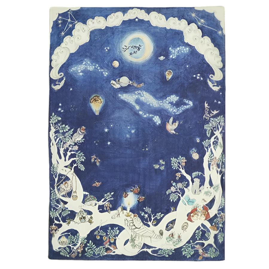 A hand-illustrated large muslin blanket with a design featuring children, trees, animals, and a night sky.