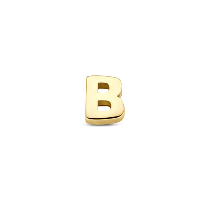 Hazel &amp; George Chunky Initiaal 14K Goud, losse chunky gouden bubble-letterkraal in de vorm van een B, op een witte achtergrond
