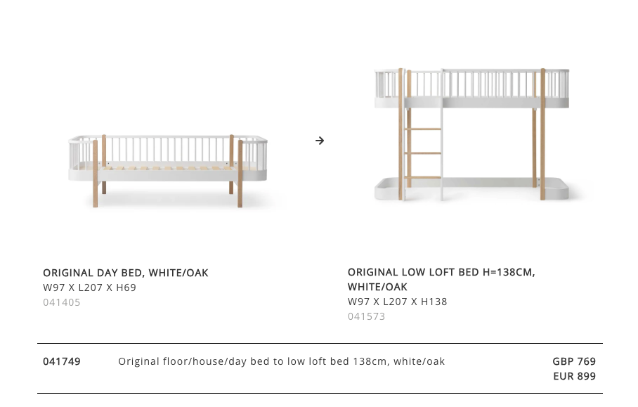 Conversion set Original Day Bed to Low Loft Bed bed 138 cm, white/oak