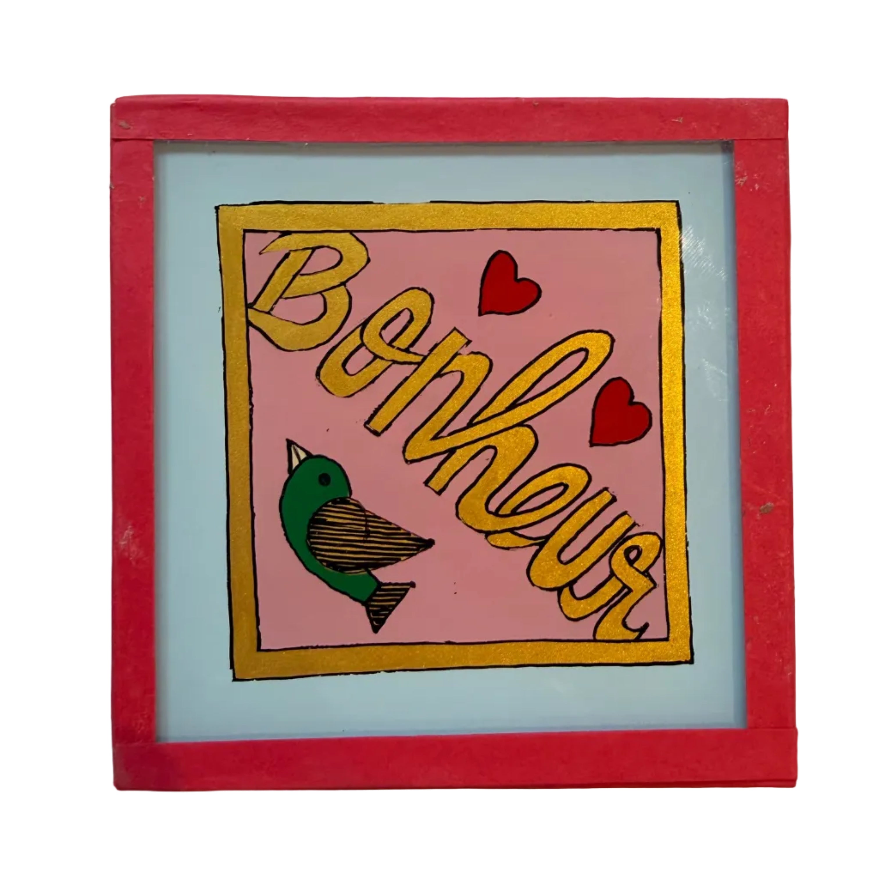 Bonheur painting Green Bird Pink - Mini