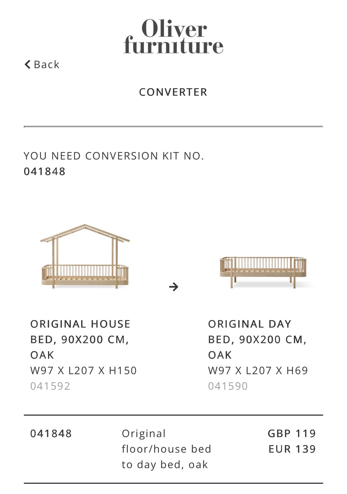 Conversion set Original Floor/ House Bed to Day Bed Oak