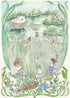 Hand-illustrated art print of a daytime pond scene by Forivor, showing a child studying tadpoles, fish darting about, and a violin resting in the grass.