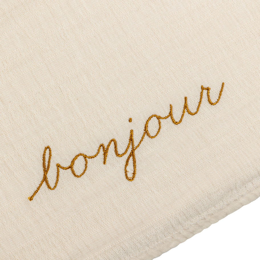 Muslin swaddle with Bonjour embroidery in mustard