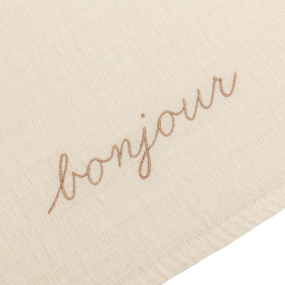 Muslin baby swaddle by Annur with Bonjour emboidery in sand for The Archive Store
