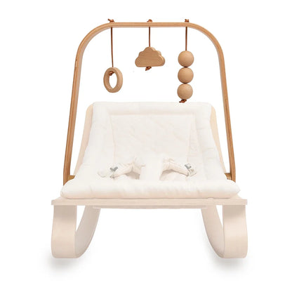 Front view of the LEVO activity arch in beech wood with cloud, beads and ring toys