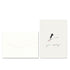 A minimalist greeting card and matching envelope set on a white background. The envelope is plain white, and the card features a small black-and-white flying stork illustration above the handwritten text &