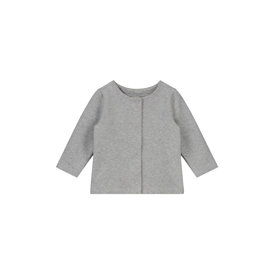 Gray Label Baby Cardigan in Grey Melange, shown from the front, on a white background