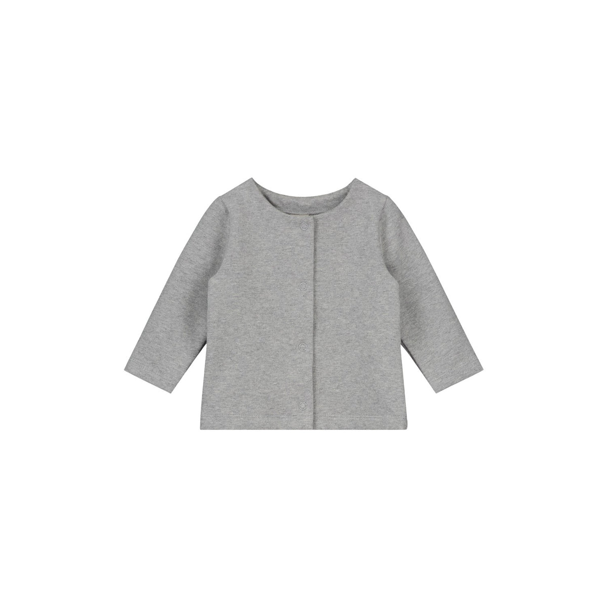 Gray Label Baby Cardigan in Grey Melange, shown from the front, on a white background