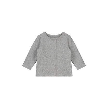 Gray Label Baby Cardigan in Grey Melange, shown from the front, on a white background