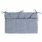 Hazel & George Linen Bed Pocket in Vichy, a linen storage pocket in blue-and-white check with three ribbon ties and three compartments, on a white background