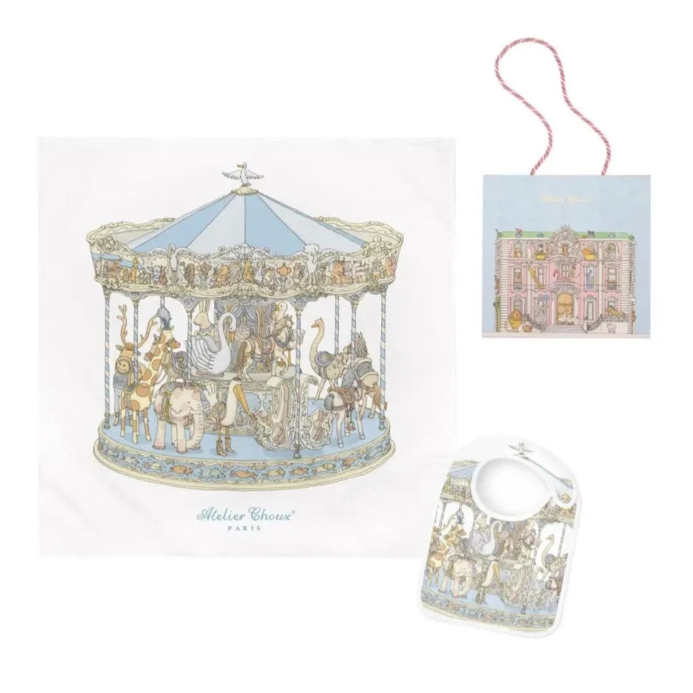 Swaddle &amp; Satin Bib Gift Set – Carousel Blue