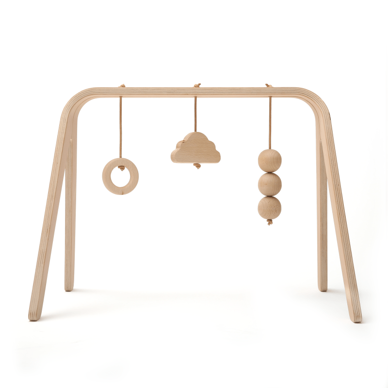 Charlie Crane wooden activity rack with toys in natural wood