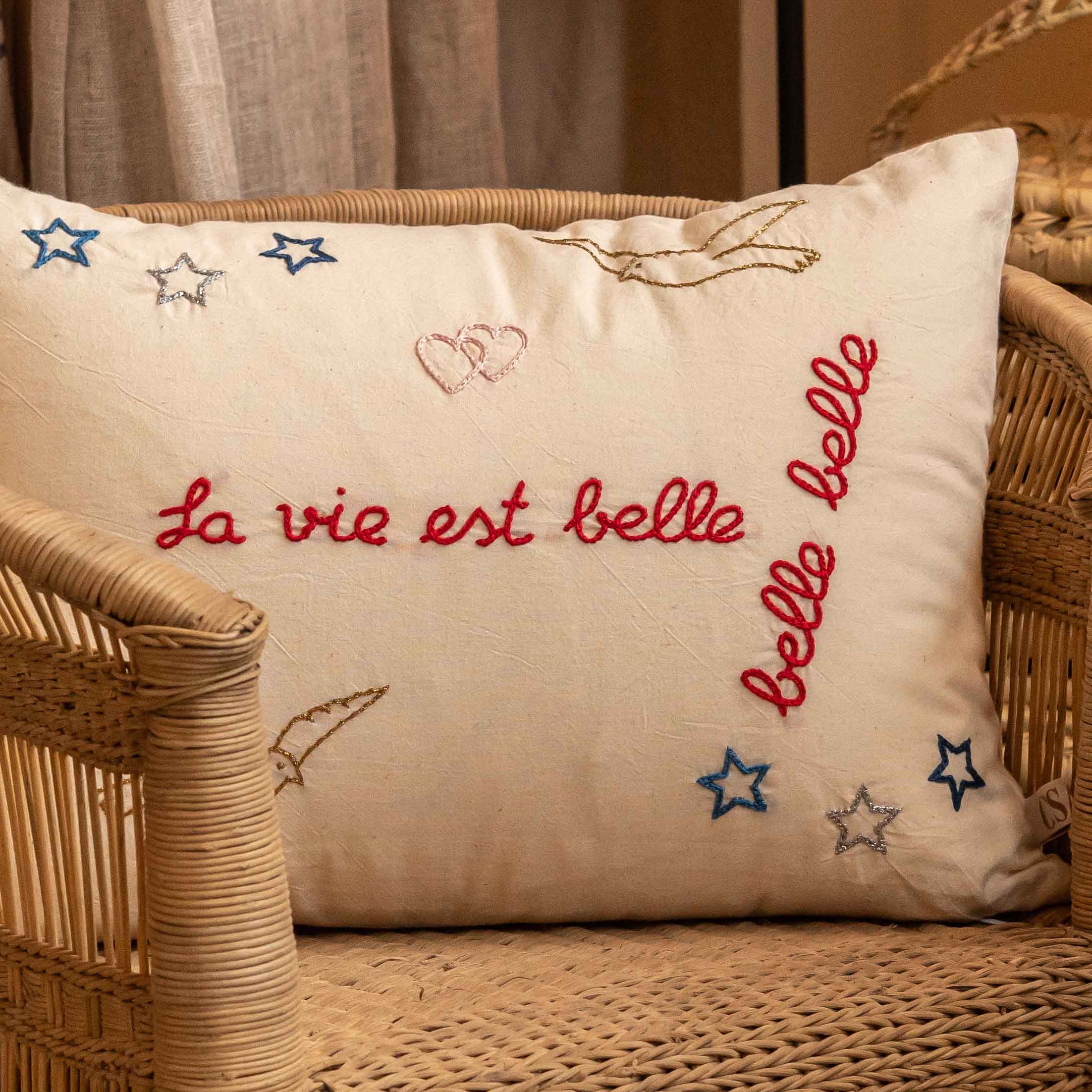Decorative pillow with embroidered text &