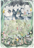 Hand-illustrated art print of a nighttime pond scene by Forivor, showing a frog, a swan-shaped boat carrying revellers, and children in caterpillar and butterfly costumes.