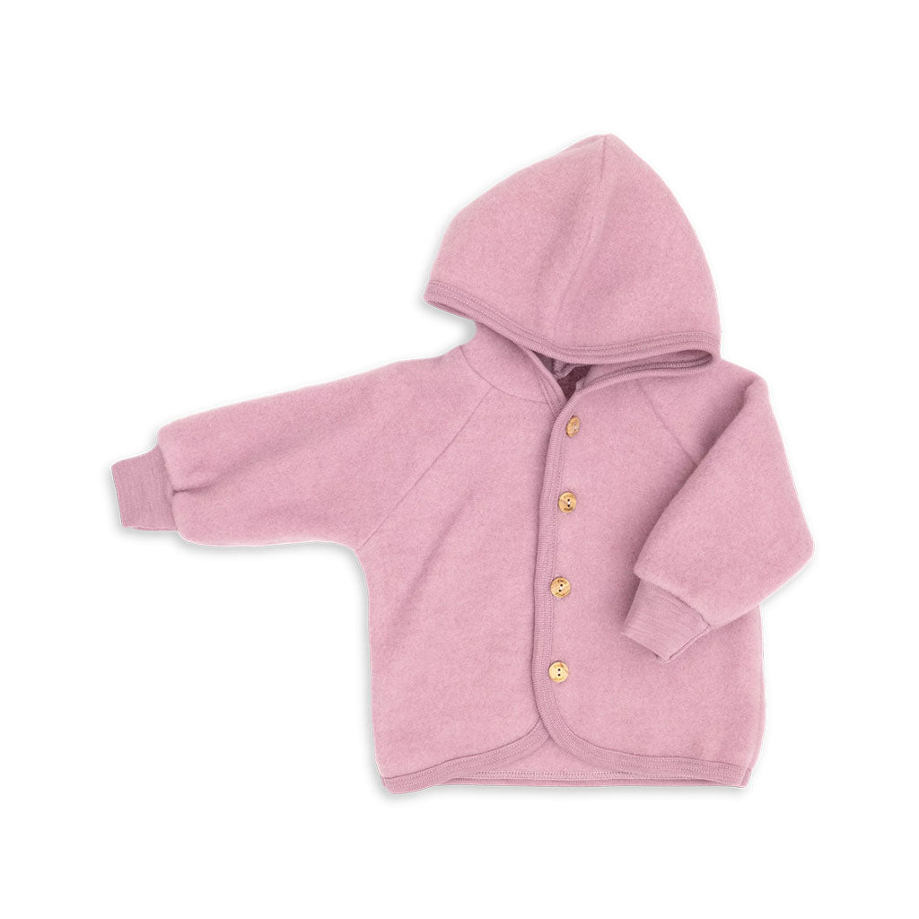 A dusty pink baby cardigan hoodie with wooden buttons