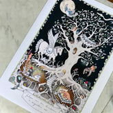 A personalized birth poster art print featuring the Enchanted Forest design, showing a magical nighttime scene of mythical woodland creatures with the child&