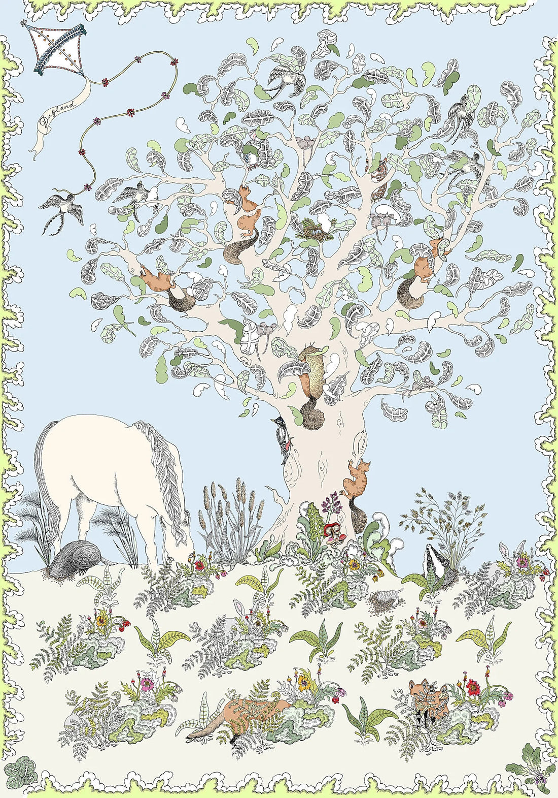 A fine art print of the Enchanted Forest by day, showing foxes and rabbits hiding in the undergrowth beneath swifts circling overhead.