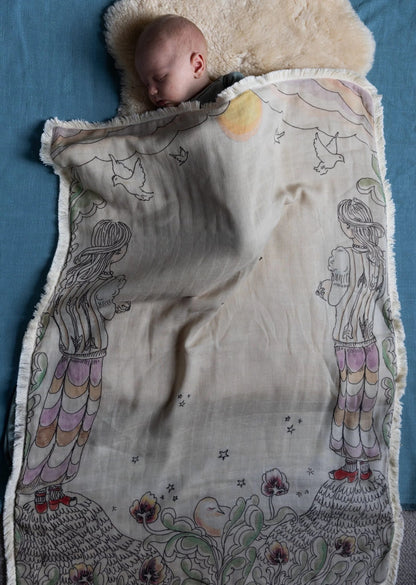 An organic cotton baby muslin printed on antique paper-toned fabric with fringed edging, hand-illustrated by Alice Ruby Ross and inspired by the poem &