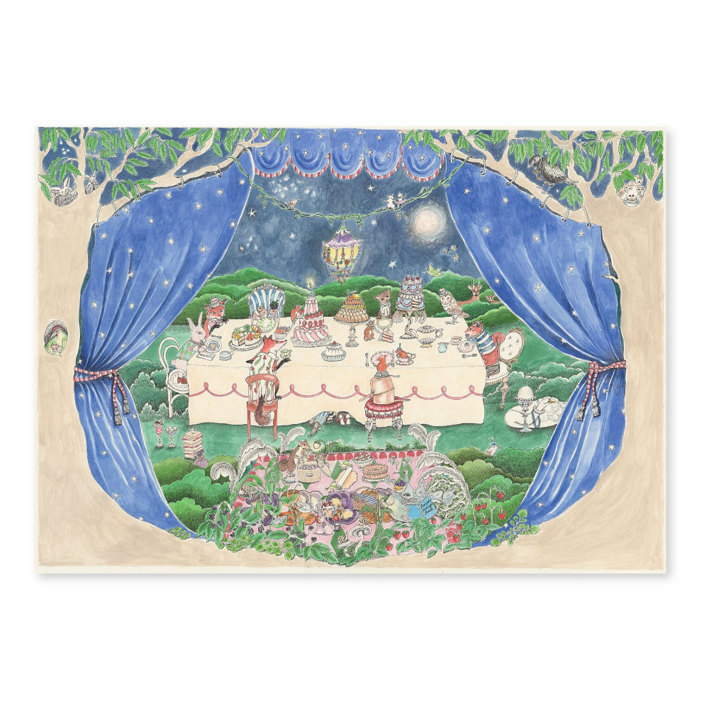 Illustration of a magical garden party scene with blue curtains and a starry night sky.