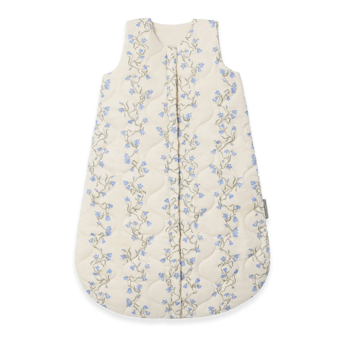 A quilted baby sleep sack in cream with a delicate blue and brown floral vine pattern