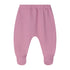 A pair of baby footed pants in a dusty pink color, featuring an elastic waistband and ribbed ankle cuffs