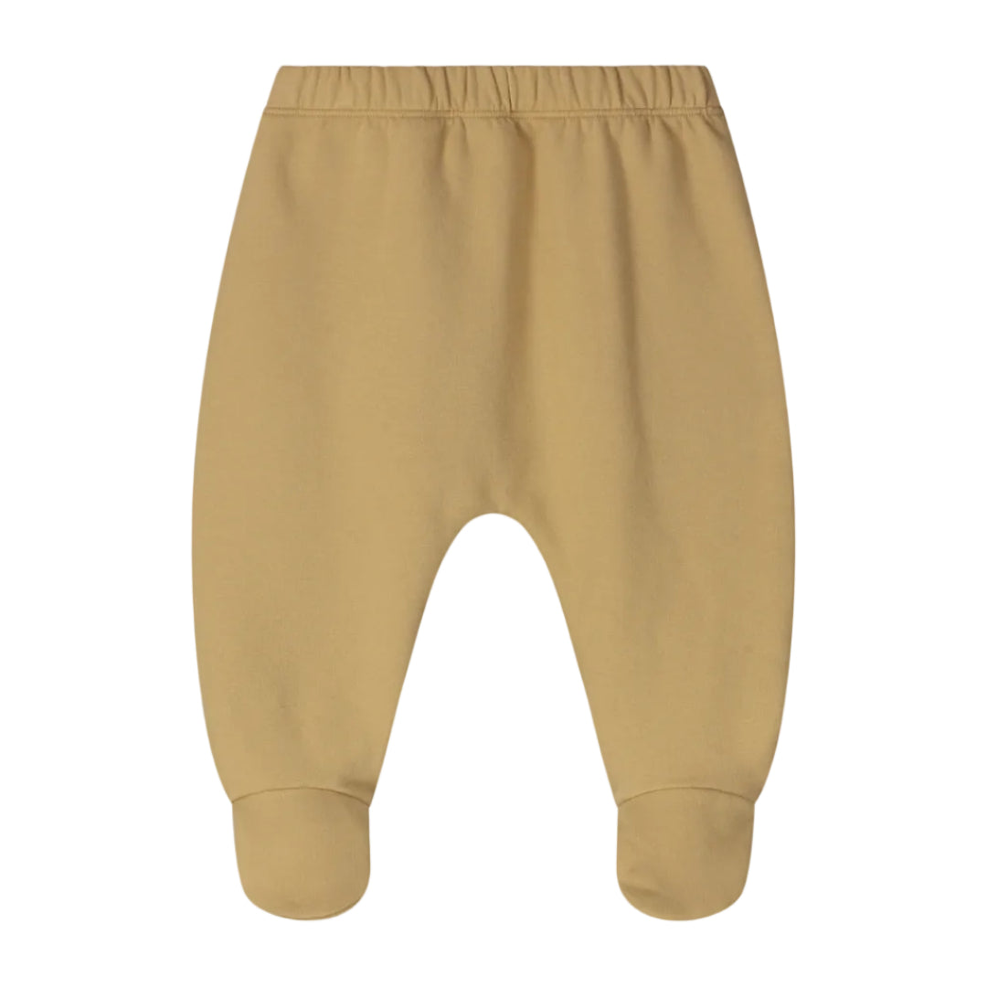 A pair of baby pants in a solid mustard yellow color, featuring an elastic waistband and cuffed ankles.