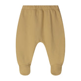 A pair of baby pants in a solid mustard yellow color, featuring an elastic waistband and cuffed ankles.