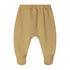 A pair of baby pants in a solid mustard yellow color, featuring an elastic waistband and cuffed ankles.