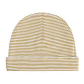 A baby beanie hat with fine horizontal stripes in yellow and white