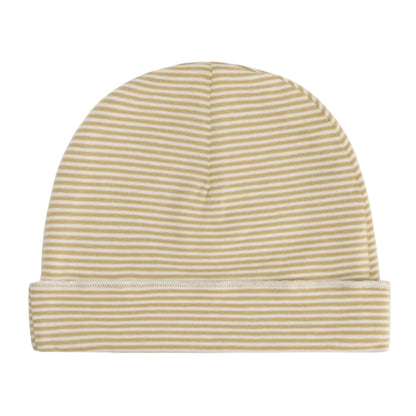 A baby beanie hat with fine horizontal stripes in yellow and white