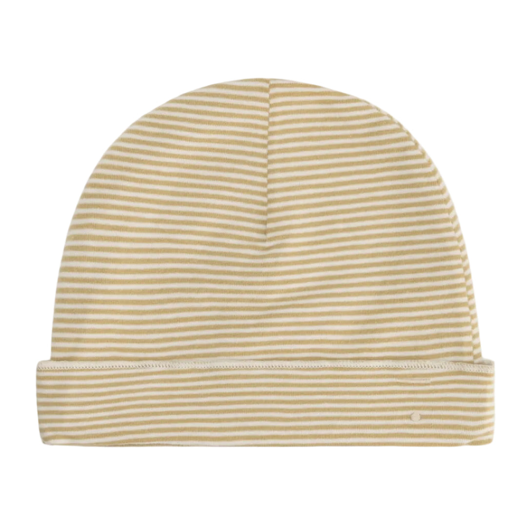 A baby beanie hat with fine horizontal stripes in yellow and white