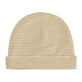 A baby beanie hat with fine horizontal stripes in yellow and white
