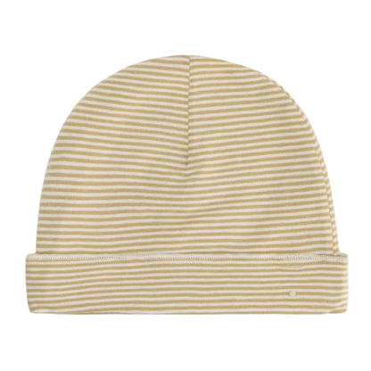 A baby beanie hat with fine horizontal stripes in yellow and white