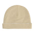A baby beanie hat with fine horizontal stripes in yellow and white