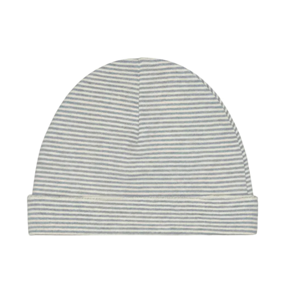 A baby beanie hat with thin horizontal gray and white stripes
